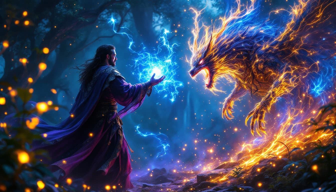 AI generated: sorcerer summoning a magical creature, dramatic scene, swirling mystical energies, vibrant spell eff...