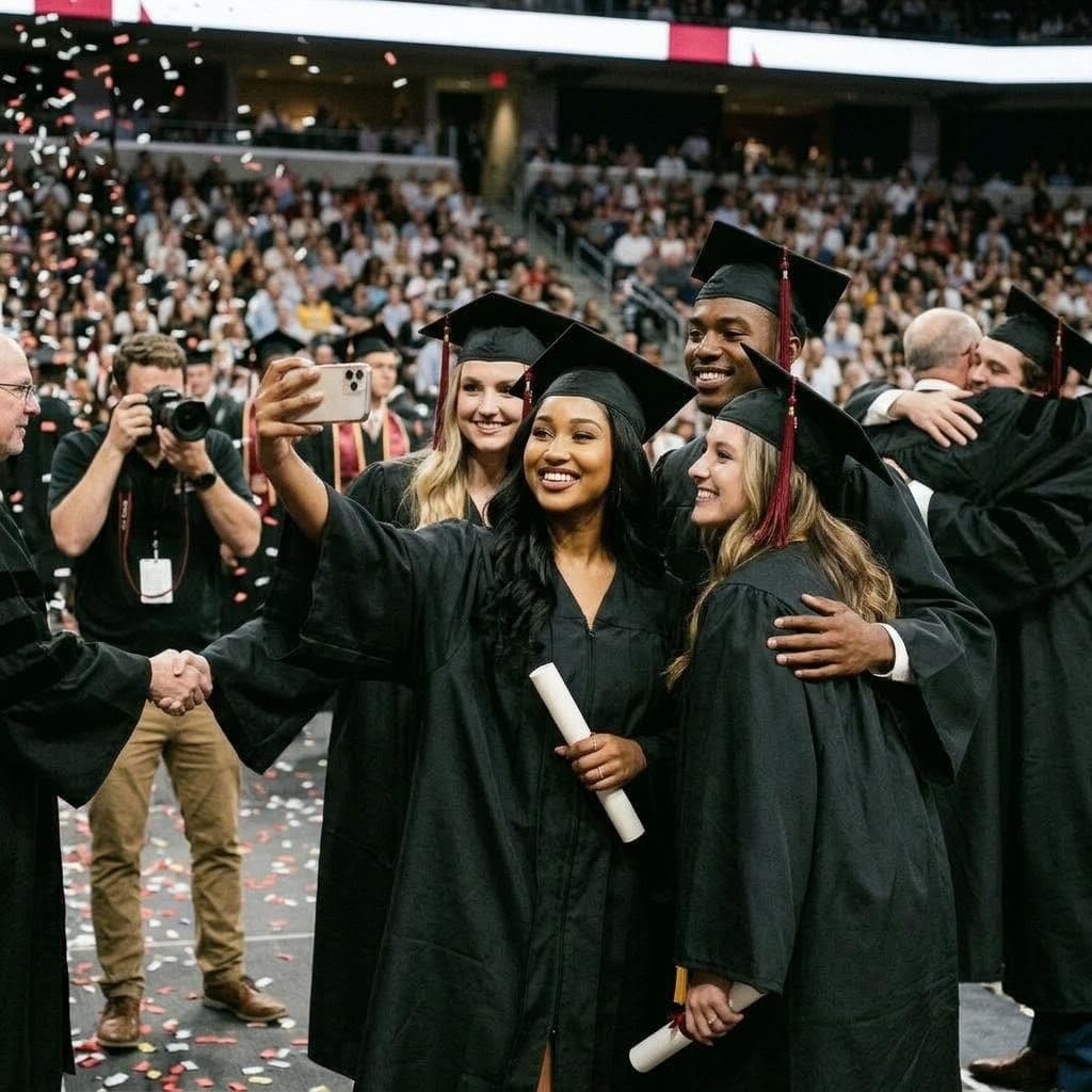 AI generated: Candid, hyper-realistic, taking pictures and saying goodbye to classmates after college graduation c...