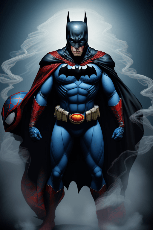 AI generated: Batman realistic, a formidable villain,real spiderman costume, full body shot, wears a deep blue and...