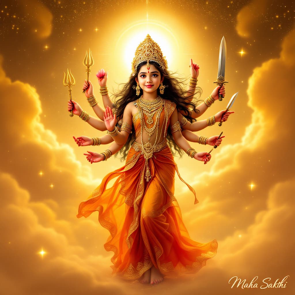 AI generated: "A young girl depicted as the Hindu goddess Durga, standing with numerous arms radiating outwards, e...