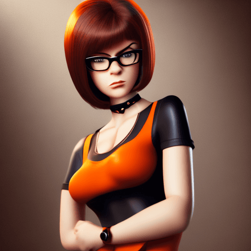 AI generated: velma from scooby-doo, beautiful charismatic girl, showing piercing, athletic body, a woman an orang...