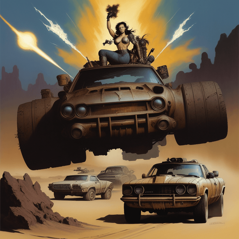 AI generated: Frank Frazetta style abstract science fiction art featuring Mad Max