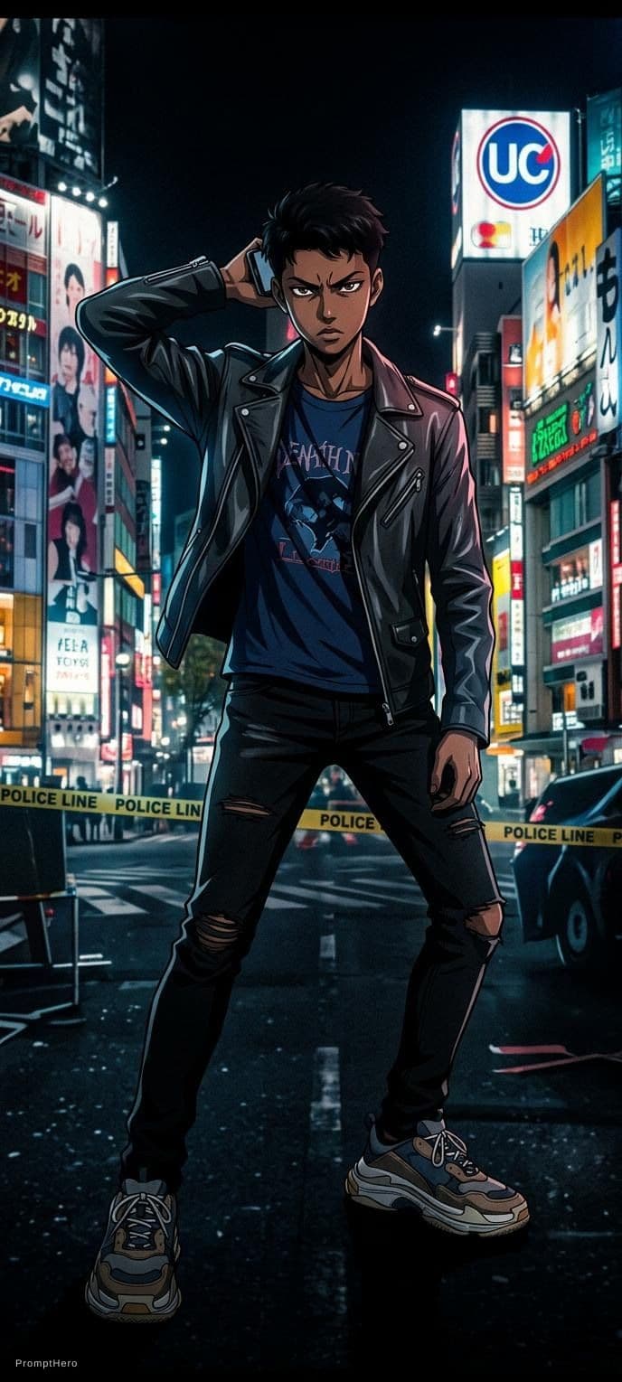 AI generated: Anime guy, young man, black hair, dark brown eyes, fair complexion, hot, cute, wearing street modern...