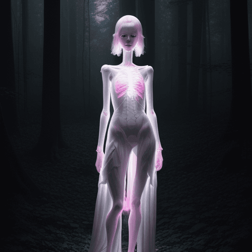 AI generated: full body shot of an albino woman with transparent skin, glowing pink neon skeleton visible through ...
