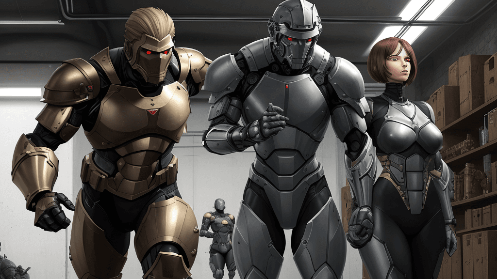 AI generated: 
Secret laboratory, armored human male warriors with 
 in investigations, action, force 
