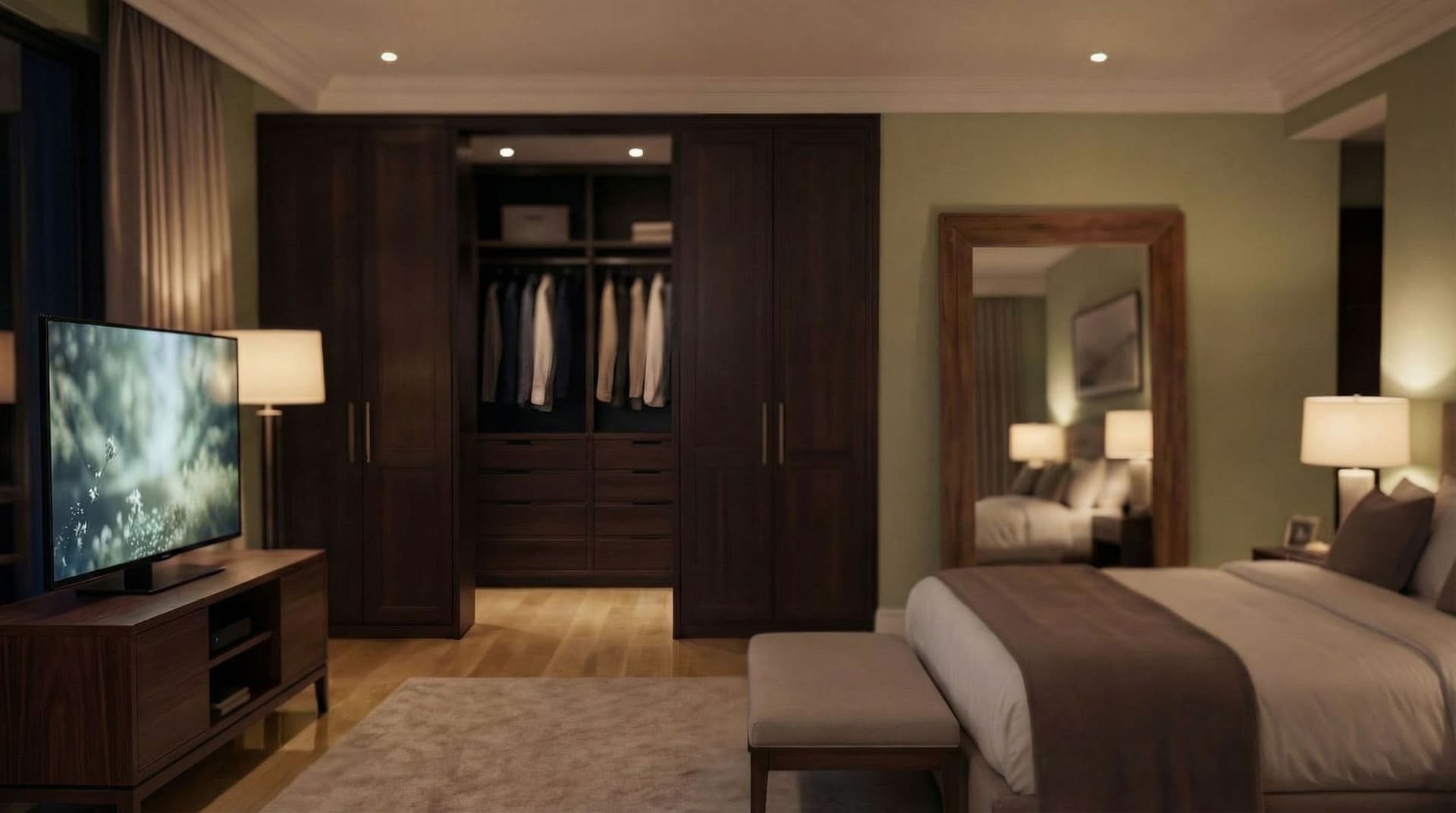 AI generated: Same image. The room has neutral light green olive walls and shinning brown wood floors. 