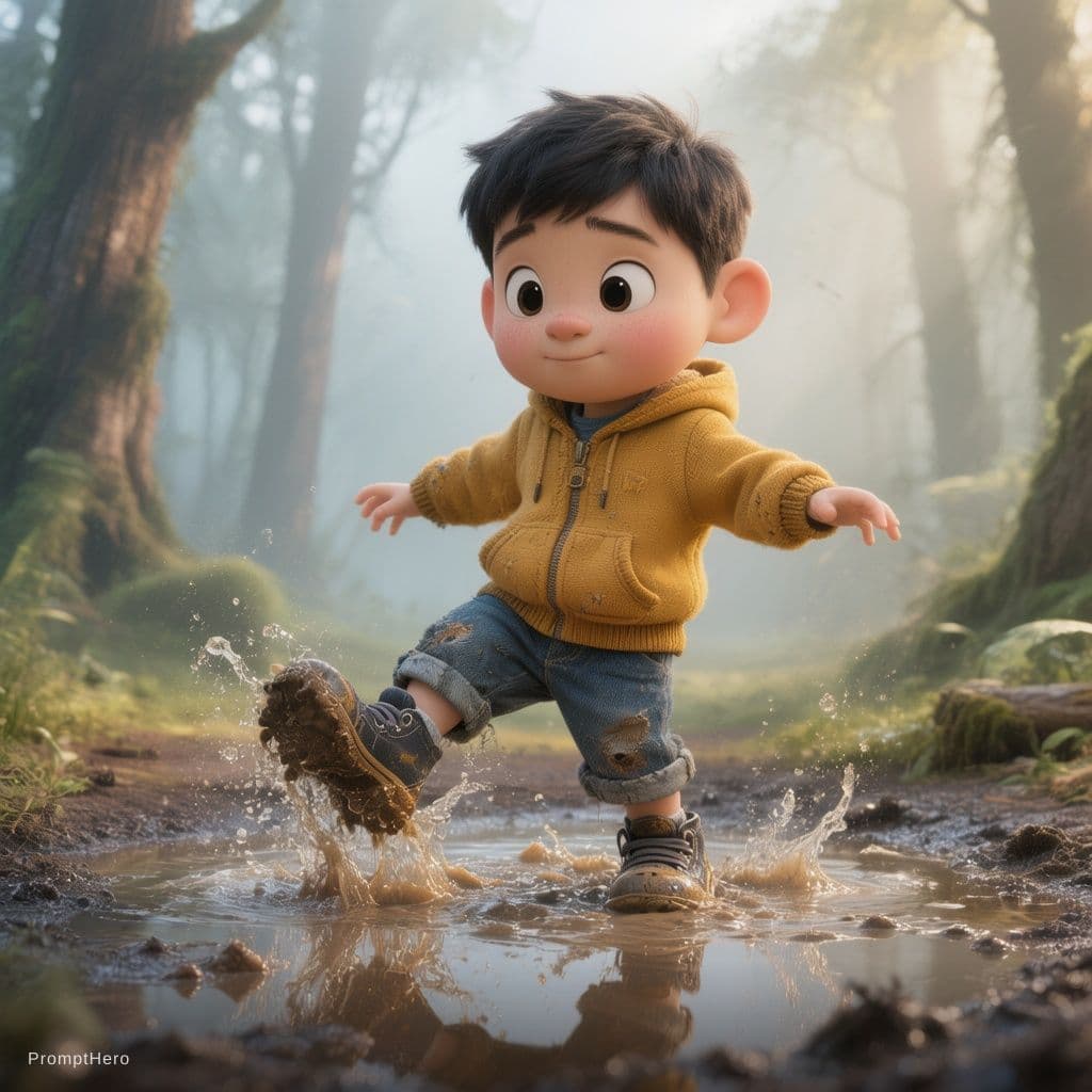 AI generated: Cute stylized 3D little boy standing in a shallow muddy puddle in a misty forest, close-up on boots ...
