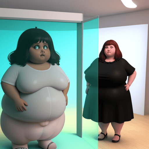 AI generated: An obese woman is in a room with a large 3D text saying 80% in front of her