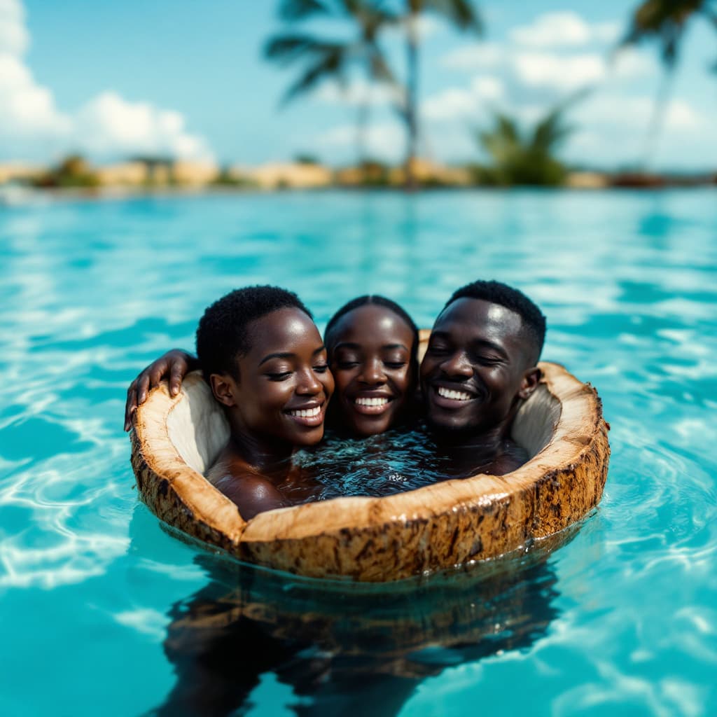 AI generated: black Africans  in swiming pool  in a tender coconut shell . 