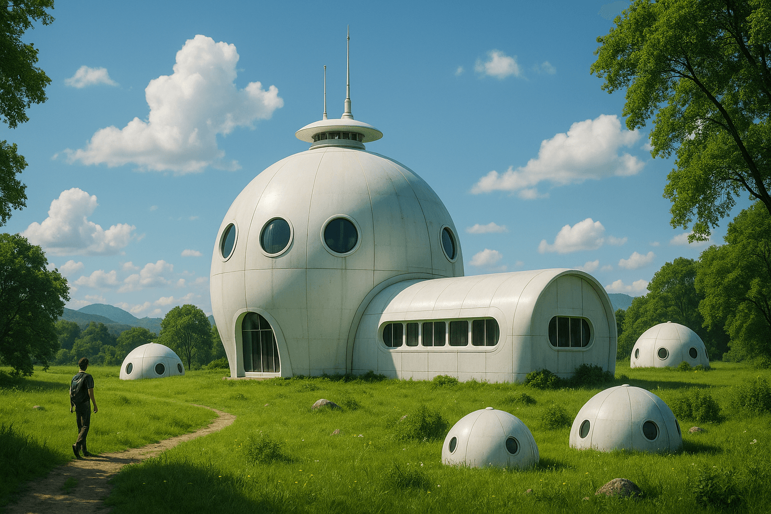 AI generated: A wide-angle, high-quality photograph showcasing futuristic, dome-shaped buildings nestled within a ...