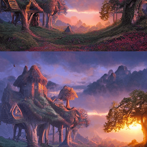 AI generated: valley, fairytale treehouse village covered,, matte painting, highly detailed, dynamic lighting, cin...
