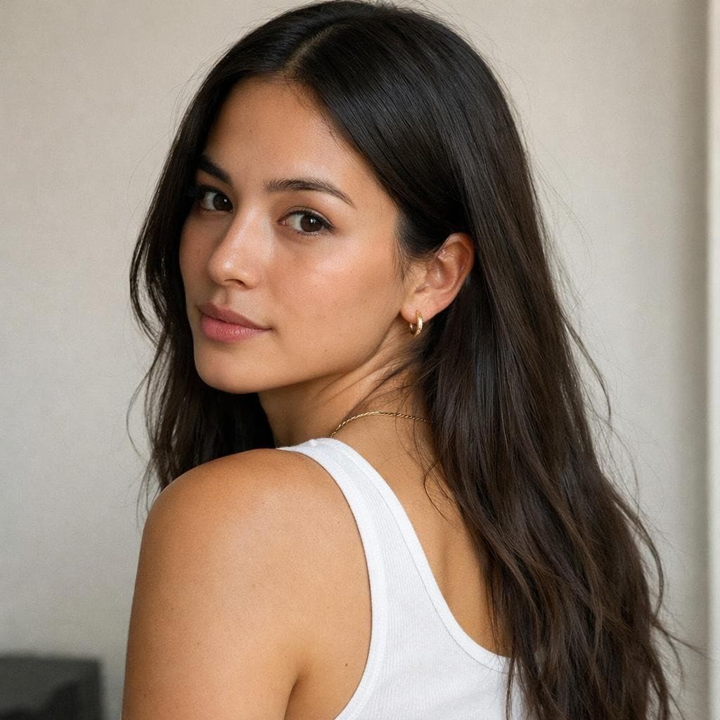 AI generated: ultra realistic young woman, 23 years old, natural beauty, oval face, almond-shaped dark brown eyes,...