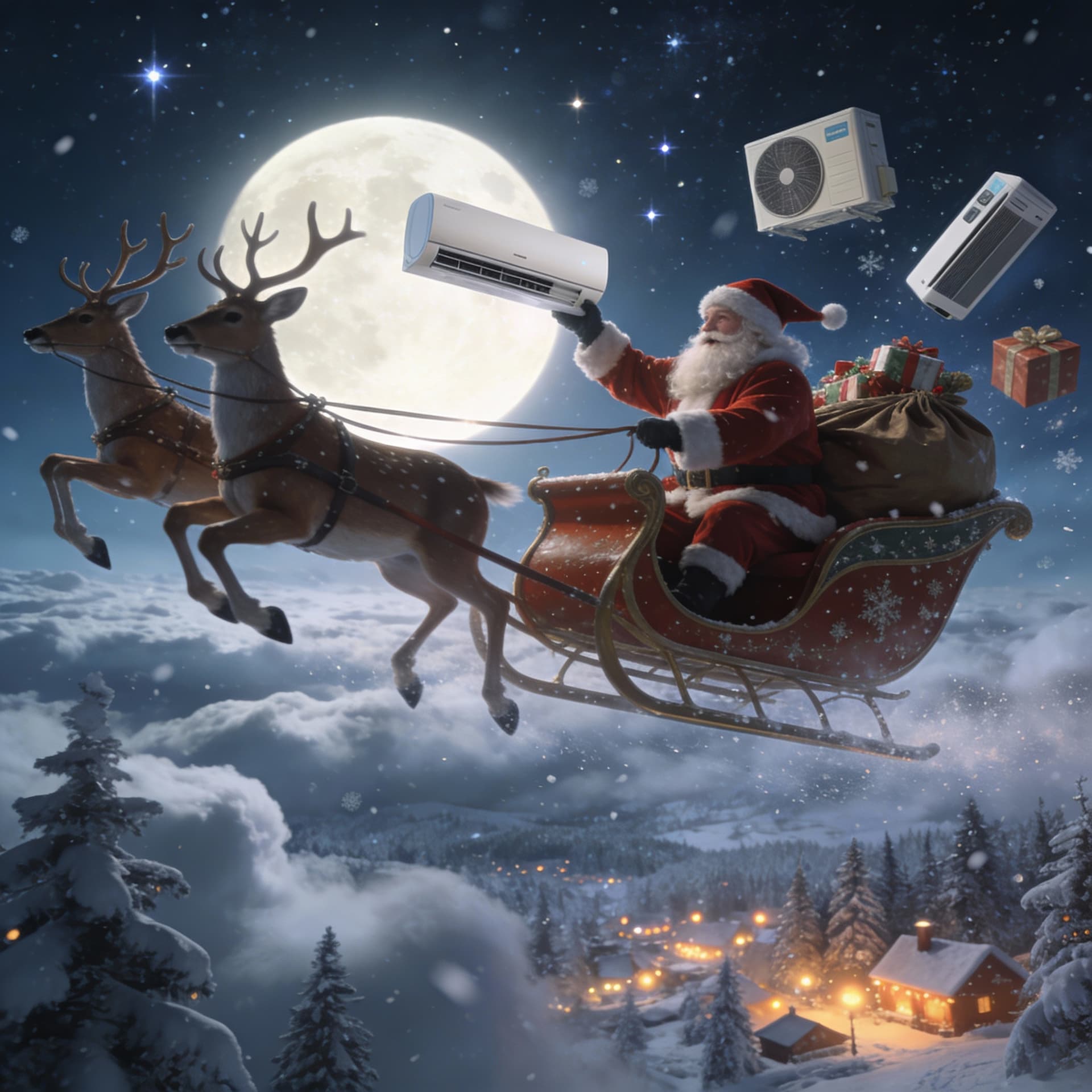 AI generated:  Santa Claus open the gift bag and automatically move gifts like air condition, heat pump. create be...