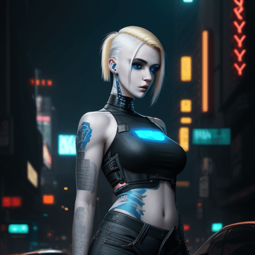AI generated: beautiful pale cyberpunk female with heavy black eyeliner, blonde, blue eyes, shaved side haircut, w...