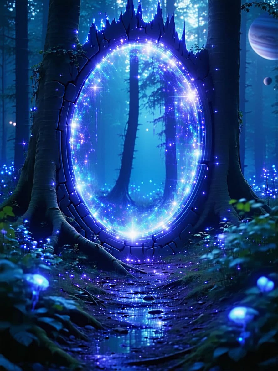 AI generated: "A glowing sci-fi portal in the center of a misty enchanted forest, surrounded by bioluminescent tre...