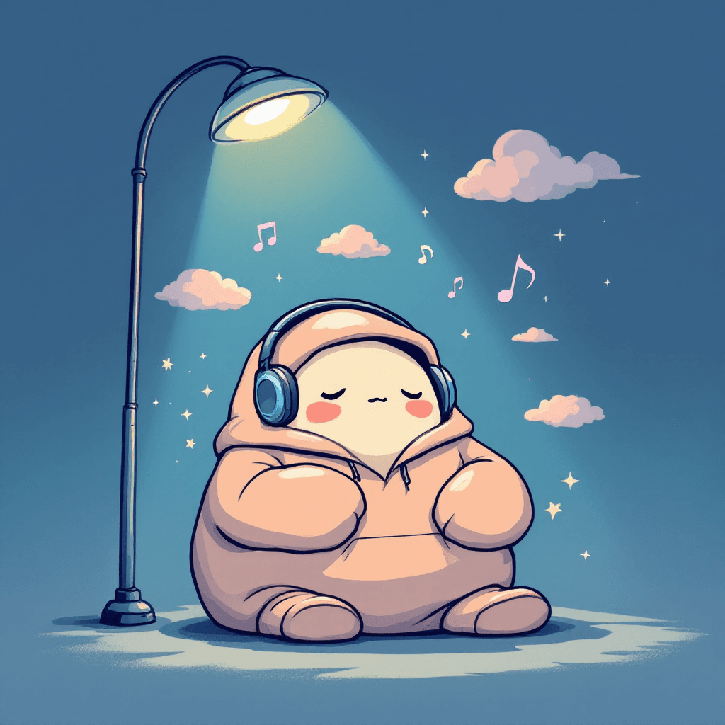 AI generated: A blob-like creature with a hoodie and headphones, chilling under a streetlight with floating calmin...