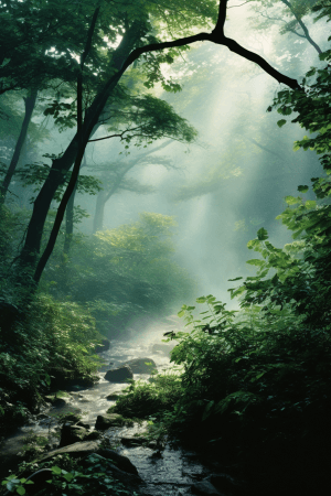 AI generated: A tranquil forest at dawn, the mist of the trees, with lush green foliage rustling and birds chirpin...