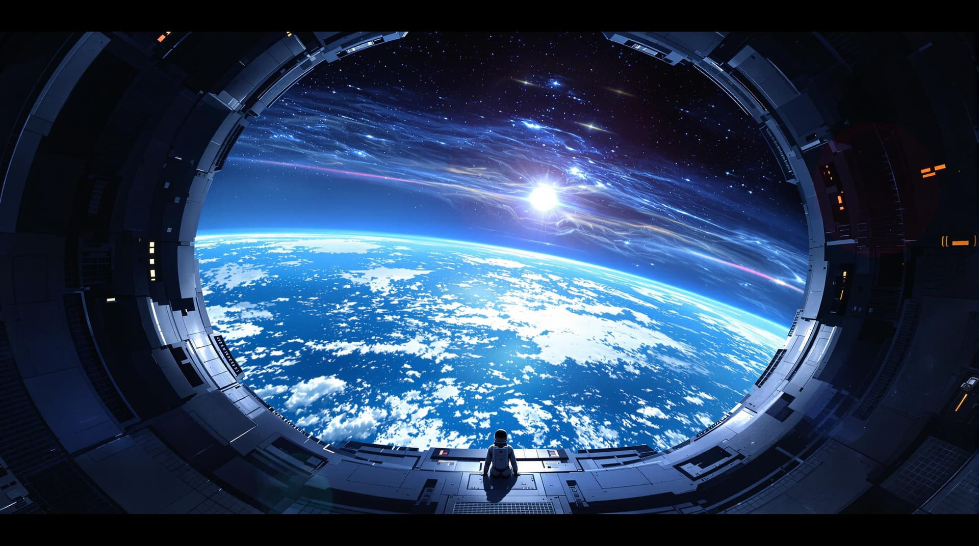 AI generated: illustration, sci-fi concept, small futuristic astronaut sitting at the threshold of a gigantic spac...