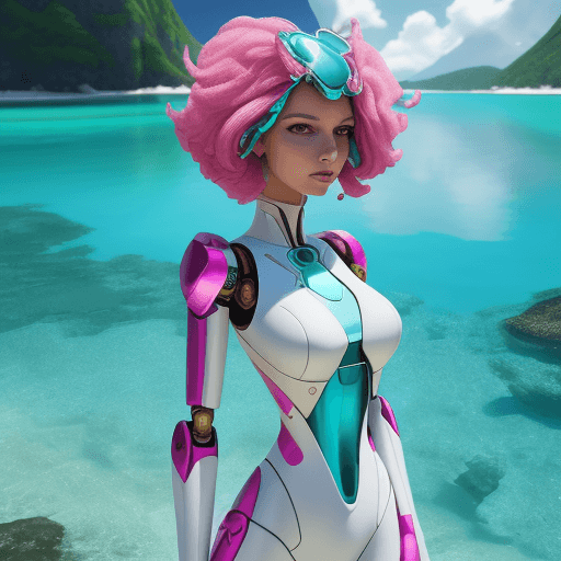 AI generated: beck tyler ad woman who take a apple in a white outfit standing near a turquoise water, in the style...