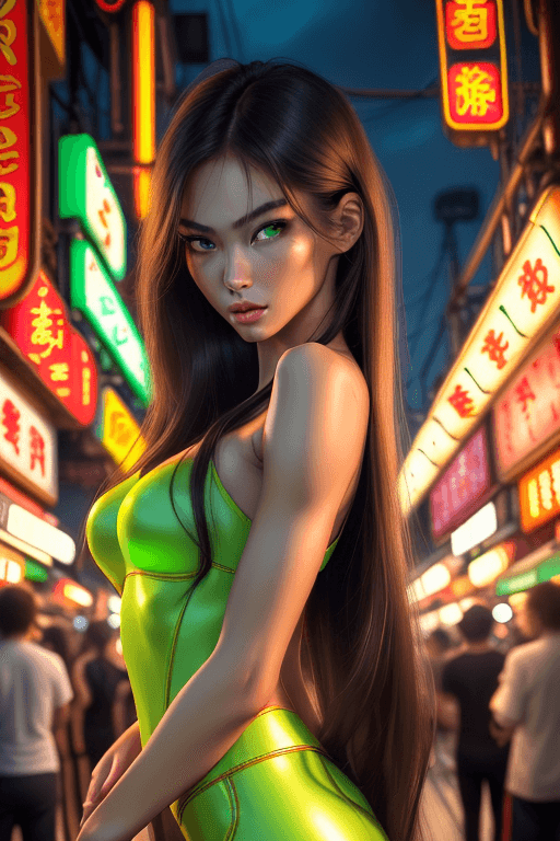 AI generated: realistic close portrait of very beautiful girl, a young supermodel girl, asian market backgroud, sh...