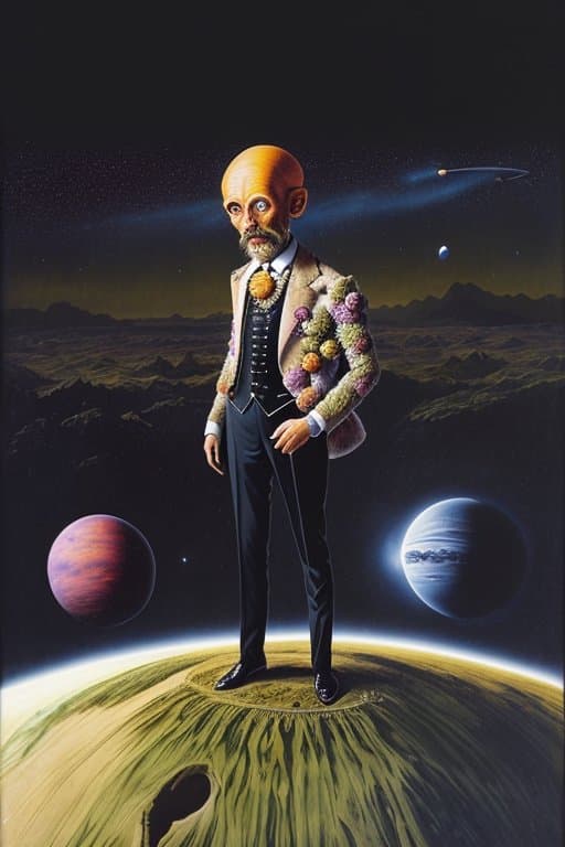 AI generated: man in a suit, standing on an alien planet, beautiful space sky, style of Giuseppe Arcimboldo