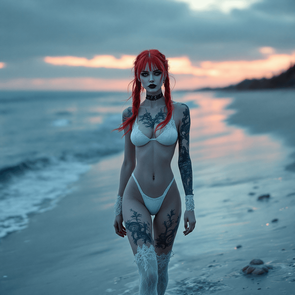AI generated: A realistic, full-body photo of a fit, thin, perfect-bodied, very pale woman walking slowly along a ...