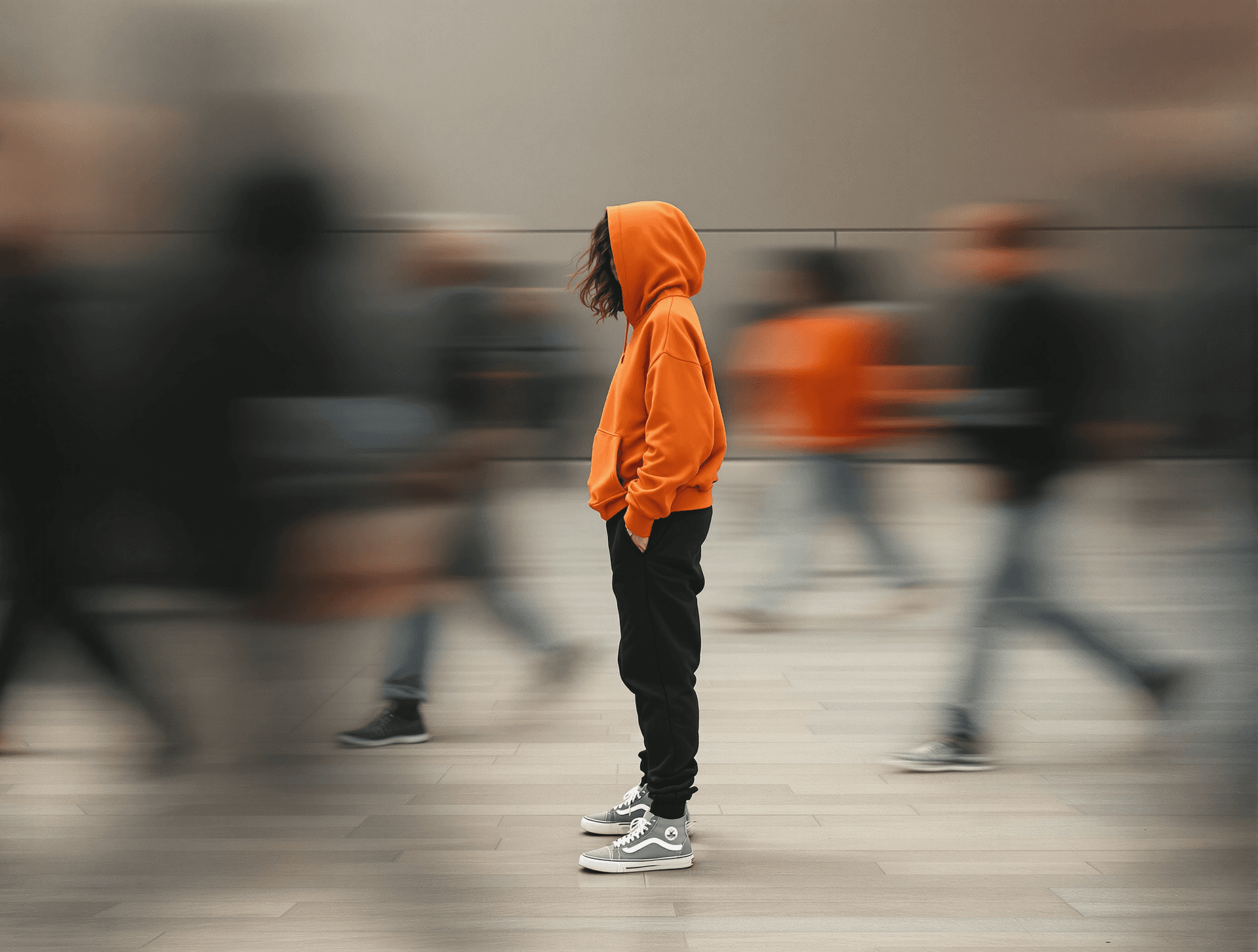 AI generated: photography, snap shot, side standing, full-body, surrounded by a blurred motion, wearing orange col...