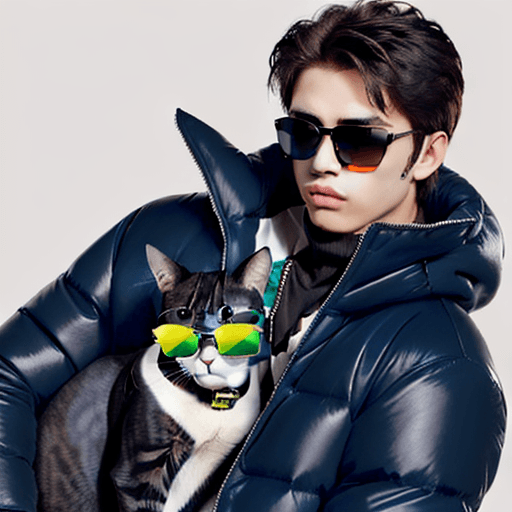 AI generated: High resolution Male Cat with Azure Puffer Jacket and Black Sunglasses