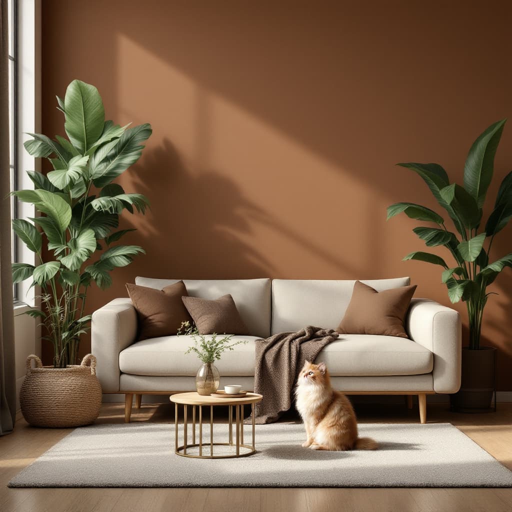 AI generated: A realistic, minimalistic living room with modern furniture in harmonious neutral tones, complementi...