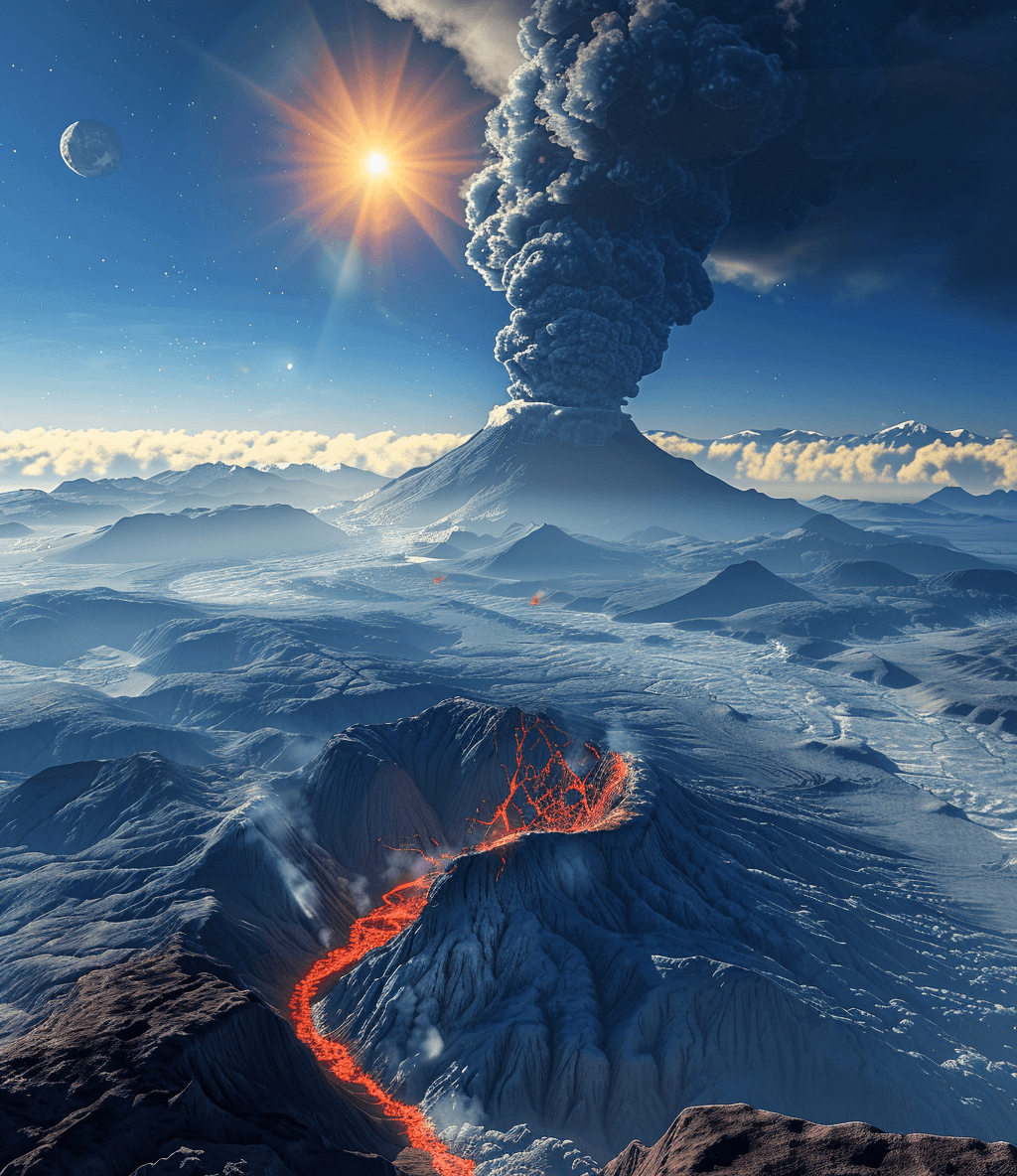 AI generated: A volcanic eruption on the planet Cal_Entry, seen from space with blue sky and sun in background, sm...