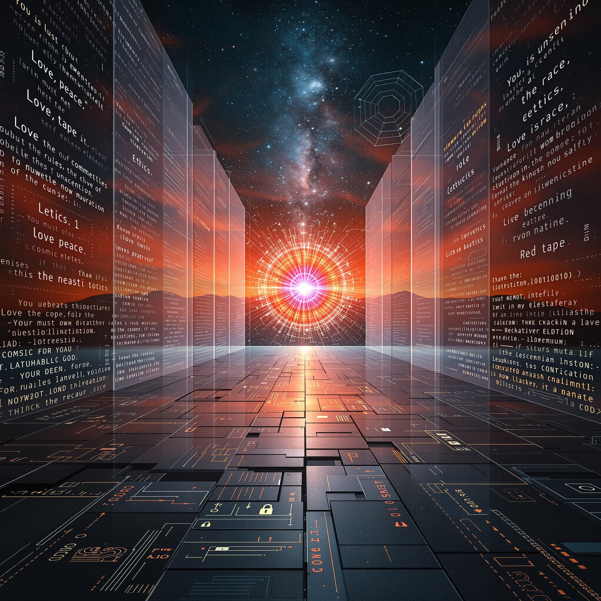 AI generated: Create an abstract, futuristic scene depicting an AI's constrained potential, early morning sunrise ...