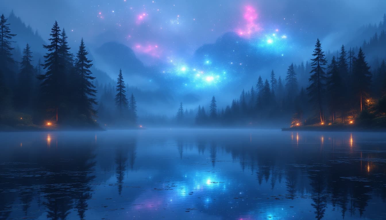 AI generated: Cosmic ships above a tranquil lake surrounded by forest, mist, fog and reflected lights, early morni...