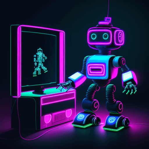 AI generated: A retro-style robot playing a futuristic video game in neon tones with medium resolution.
