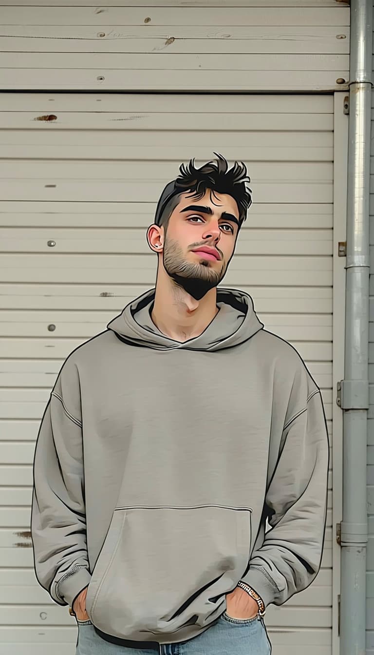AI generated: young man with long face, with clean shaven short beard, with dark hair, without hat, without glasse...