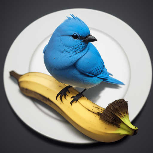 AI generated: a little blue bird made of a fresh banana that has been cut open, photo-realistic techniques --ar 3:...