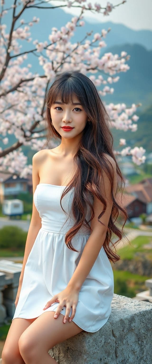 AI generated: A person, korean ulzzang face, japanese girl, sitting on the stone, long hair, bangs, multi color ha...