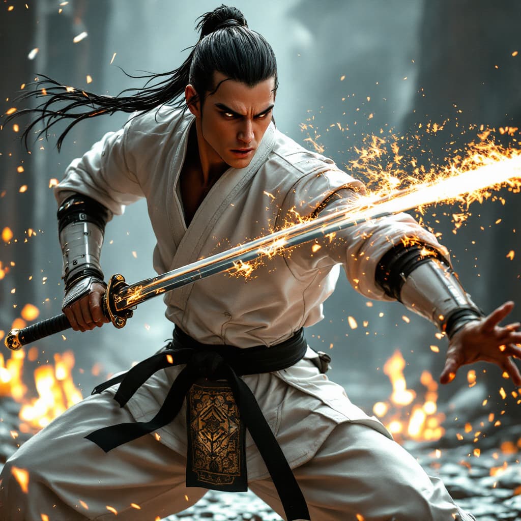AI generated: Ultra high definition photography, futuristic black belt karate fighter, battle, full body, in the s...