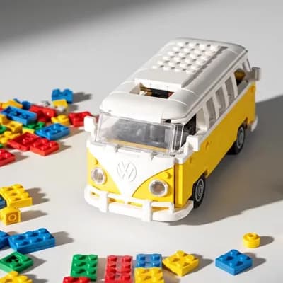 AI generated video: photography, top view, lego creation art, vw classic bus car, parts, real-scale, brick details, perf...