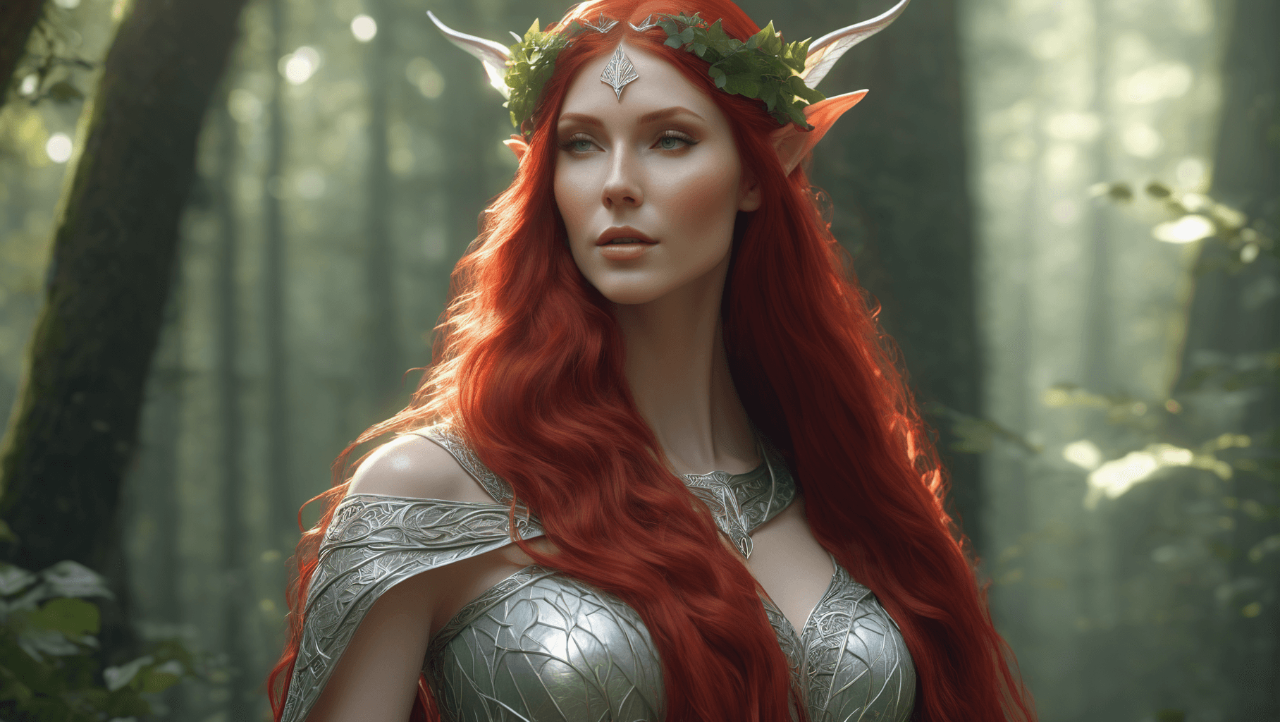 AI generated: a very beautiful forest elf deity woman, red long hair, pale skin, face detailed, ray tracing, smoot...