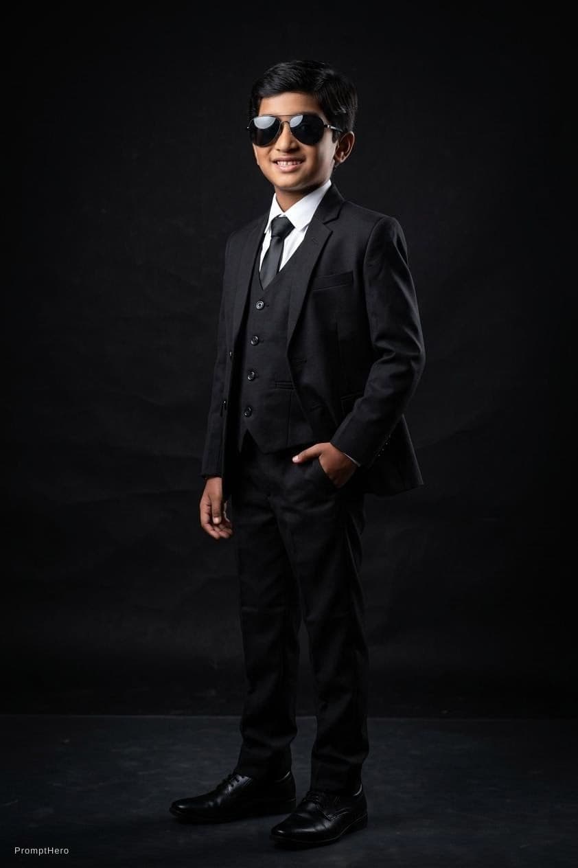 AI generated: professional portrait of a young boy wearing a black suit and sunglasses, studio lighting, dark blac...