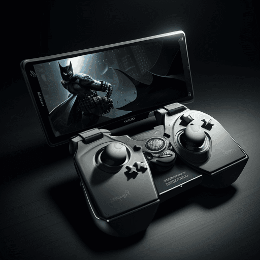 AI generated: Gamepad on the table with the design and character of Batman The gamepad is gold and silver dark, no...