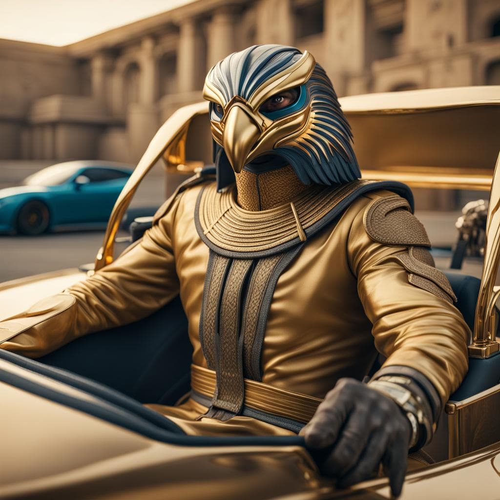 AI generated: Horus as streetracer, (hawk head, golden jumpsuit, Egyptian makeup), (seating inside racing car), (E...