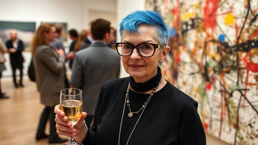 AI generated: Opening in a contemporary art gallery, several people in the background, a 60 year old woman, eccent...