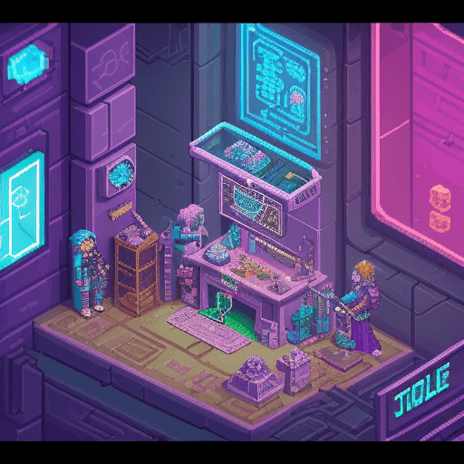 AI generated: secret jeweler workshop, style of cyberpunk edgerunners, pixel art top down 
