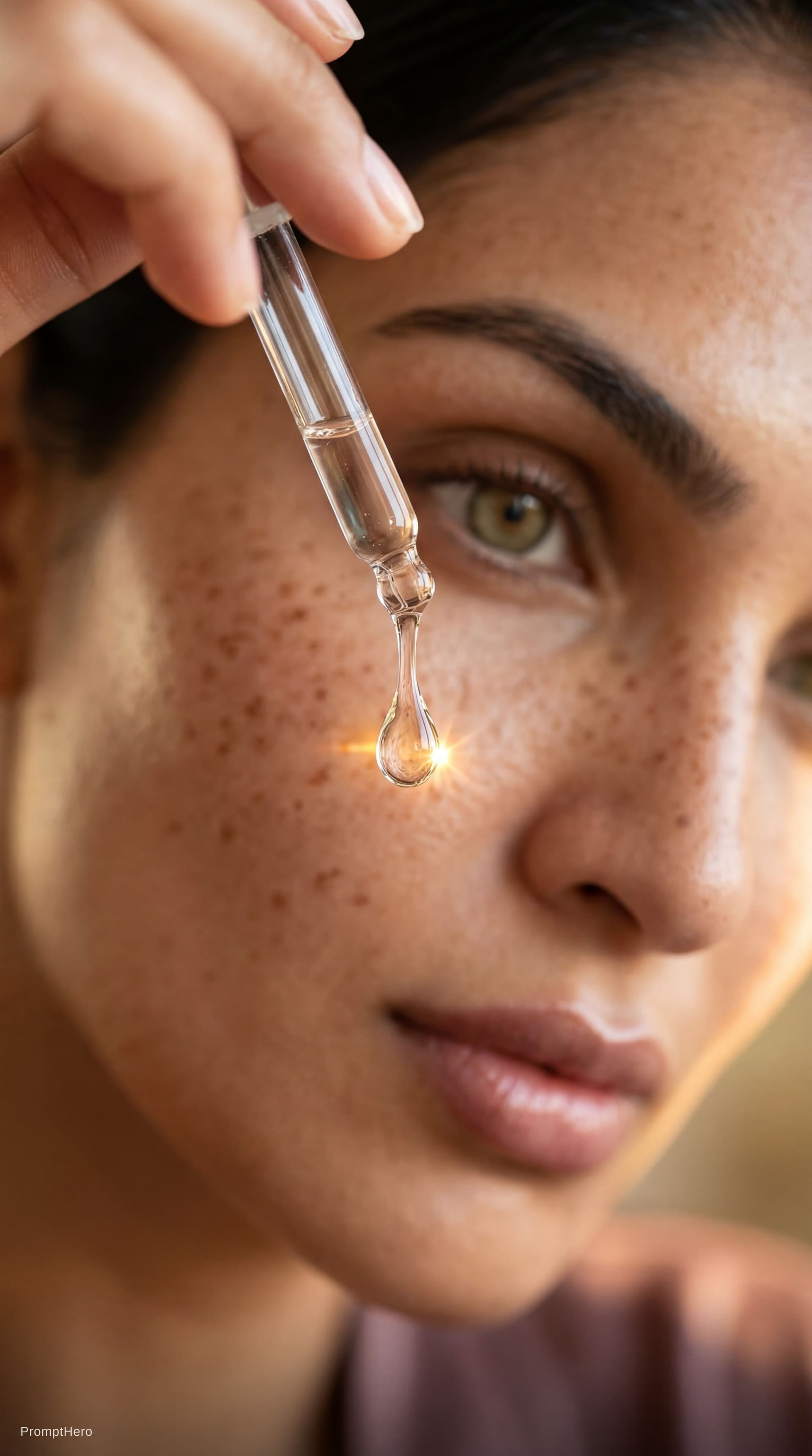 AI generated: A close-up of a white woman holding a dropper above her cheek, releasing a drop of serum. The camera...