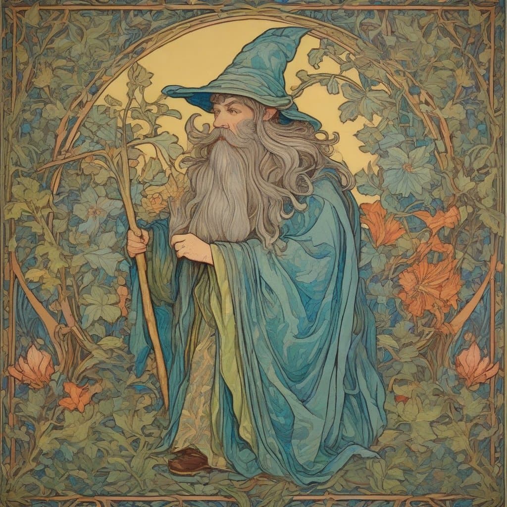 AI generated: A fairy wizard in the style of Louis Rhead on a tapestry in the style of William Morris, vivid color...