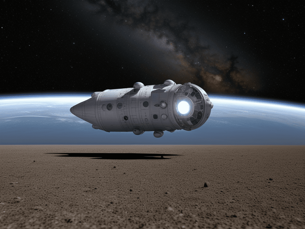 AI generated: start field in outer space, a small spaceship in the background moving slowly