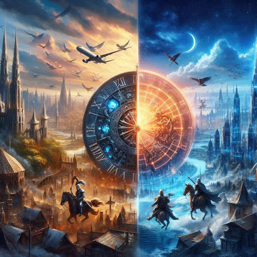 AI generated: There is a fusion of 2 times, the Middle Ages and the distant future, very detailed and photorealist...
