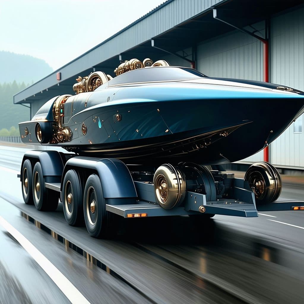 AI generated: a closeup of a futuristic speed boat on a trailer being towed by a steampunk styled 6 wheeled truck