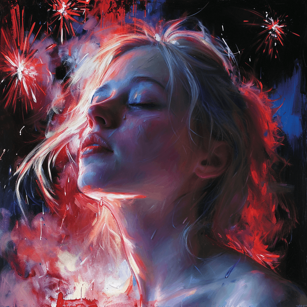 AI generated: a colorful painting of a woman with fireworks around her, in the style of split toning, elegant, emo...